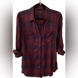 Lightweight plaid top, plum and navy blue, excellent condition